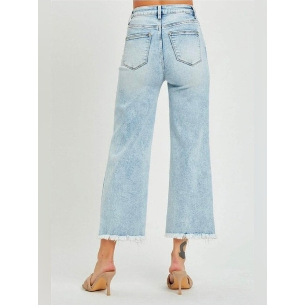 Risen High Rise Frayed Ankle Wide Leg Jeans Light Wash Distressed Womens 9/29 - Picture 7 of 13